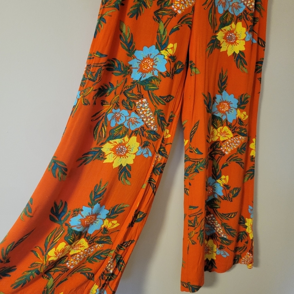 Free People Blue Horizon Wide Leg Flowy Tropical Boho Orange Floral Pants Size 4 - Picture 6 of 9